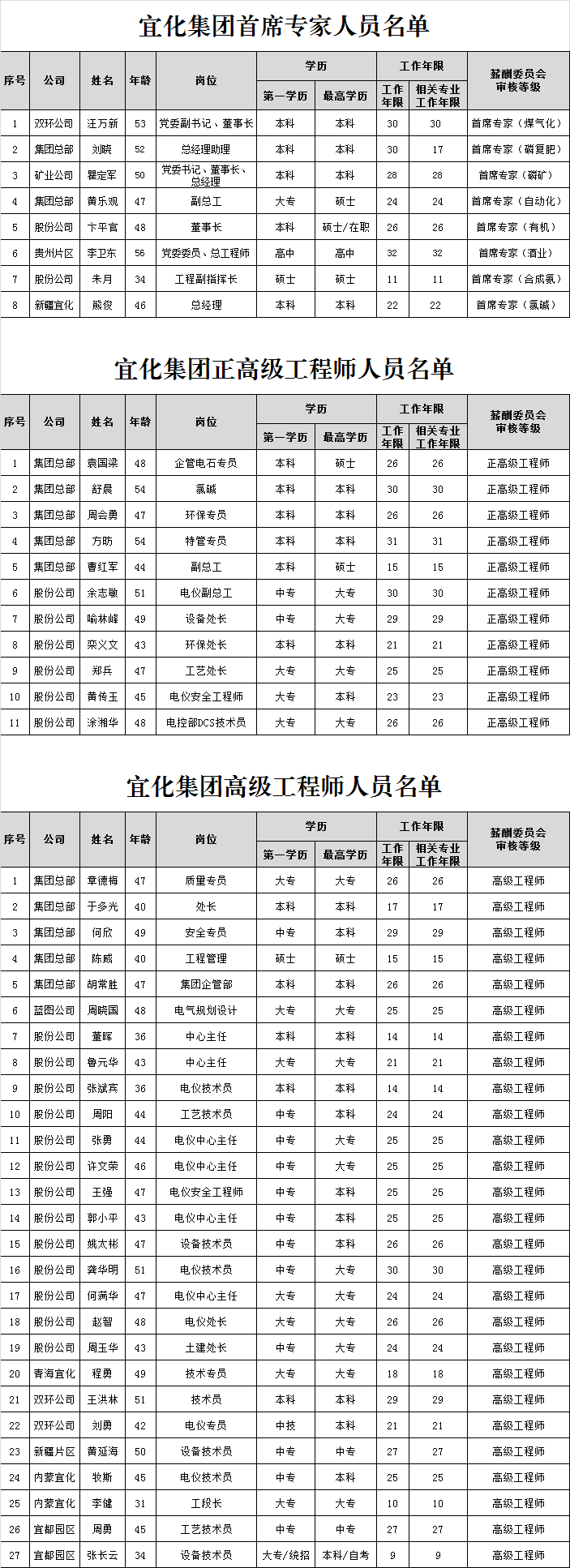 宜化集團(tuán)首席專家、正高級(jí)工程師、高級(jí)工程師評(píng)審結(jié)果公示